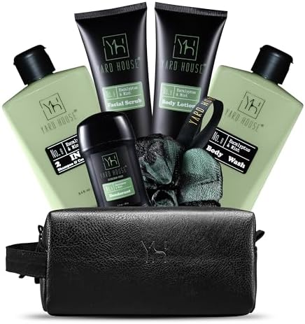 Yard House Mens Luxury Bath and Body Gift Set For Him - Skin Care Kit in Eucalyptus and Mint - Fathers Day Birthday Christmas Gifts Ideas For Men - 7Pcs Set w. Full Size Items in Leather Toiletry Bag by YARDHOUSE-BestMensGiftBasket