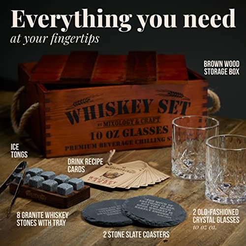 Mixology & Craft Premium Whiskey Set | Two 10oz Cystal Old-Fashioned Glasses, 8 Granite Chilling Stones, Metal Tongs, Recipe Cards in Rustic Wooden Crate Gift Set | Jameson Whiskey - Image 3