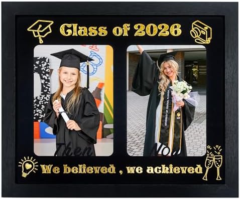 GMFrames Then and Now 2026 Graduation Frame – Double 5x7 Photo Display, Wooden Keepsake for High School & College Grad Party by GMFrames