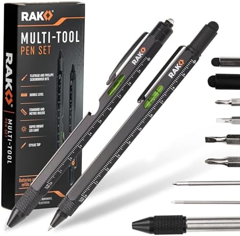 RAK Multitool Pen - Multi-Tool Pen Set 11 in 1, LED Light, Screwdrivers, Level, Ruler, Bottle Opener, and Stylus. Cool Gadgets Gifts for Men, Dad, EDC Tactical Pen Tool, Gift-Ready Box, Pack of 2 by RAK