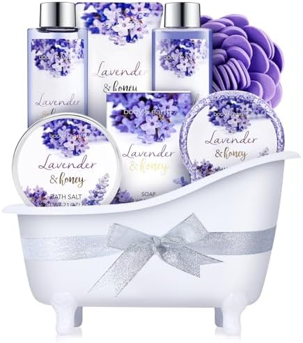 Bath and Body Gift Set - Lavender Gifts for Women, Body & Earth Bath & Shower Sets, 8 Pcs Lavender Honey Gift Sets with Bubble Bath, Lotion Set, Soap, Spa Kit for Women, Christmas Gifts for Mom by BODYEARTH