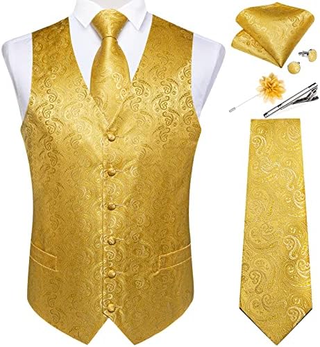 DiBanGu Mens Vest and Tie Set Formal Paisley Waistcoat and Necktie Pocket Square Cufflinks Silk Suit Vest for Tuxedo Wedding by DiBanGu