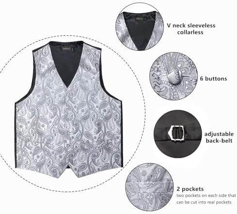 DiBanGu Mens Vest and Tie Set Formal Paisley Waistcoat and Necktie Pocket Square Cufflinks Silk Suit Vest for Tuxedo Wedding - Image 4