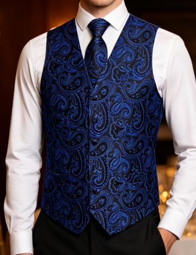 DiBanGu Mens Vest and Tie Set Formal Paisley Waistcoat and Necktie Pocket Square Cufflinks Silk Suit Vest for Tuxedo Wedding - Image 2