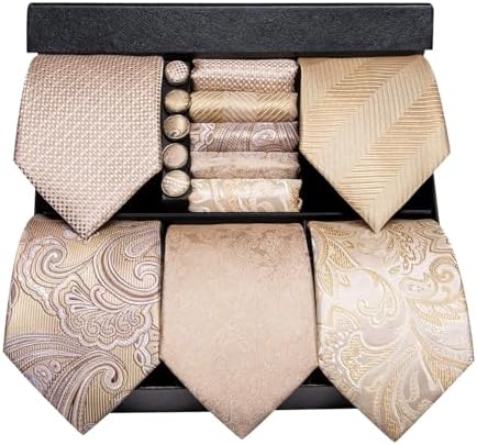Hi-Tie Lot 5 Pcs Gift Box Mens Tie Set Necktie with Pocket Square Cufflinks Silk Neck Tie Collection by Hi-Tie
