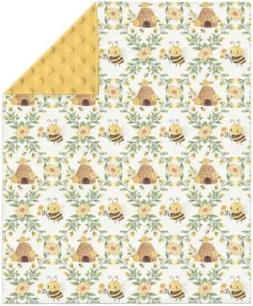 Vintage Floral Bees Baby Blankets for Girl Boy Cute Bees Honeycomb Flowers Soft Mink Dotted Backing Double Layer Swaddle Blanket Pastel Bee Yellow Floral Bed Throws for Newborn Toddler Nursery 30x40 - Image 2