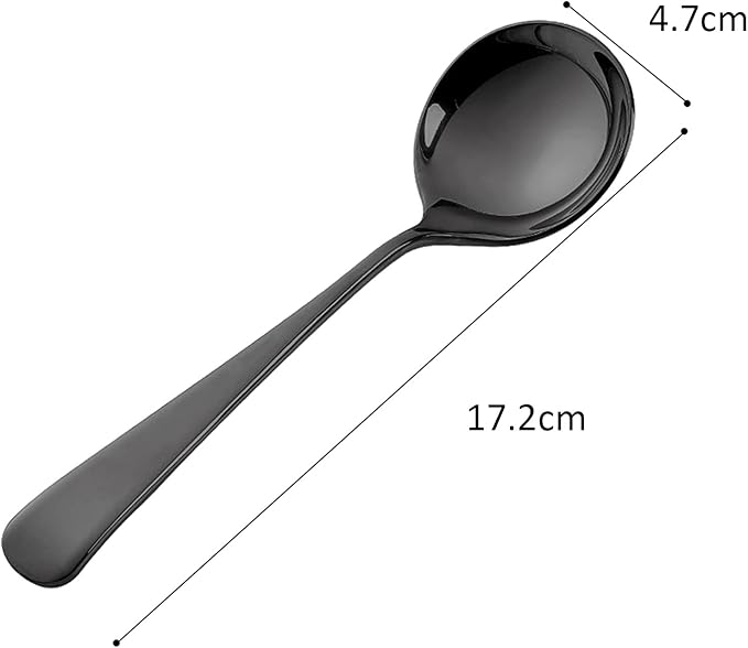 Metal Soup Spoons,Stainless Steel Spoons for Soup Round Colorful Dinner Spoons Thick Short handle Table Spoon 6.3-Inch, Set of 6 (Black)