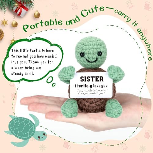 4THFARMES Mini Funny Turtle Sister Gifts Birthday Easter Mothers Day, Soul Sister Friend Gifts for Women Girls Presents, I Love You Small Cute Stuff Things, Handmade Emotional Positive Crochet Turtle - Image 2