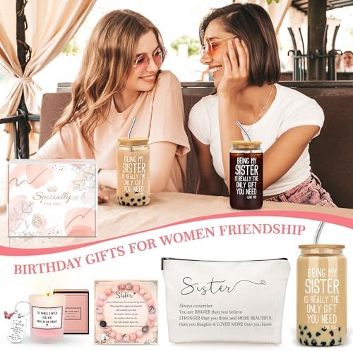 Sister Gifts from Sisters Birthday Gifts for Sisters Adult Best Sister Ever Gift Ideas for Women Cool Presents Set with Funny Glass Cup, Unique Makeup Bag, Scented Candle, Bracelet, Keychain, Card - Image 7