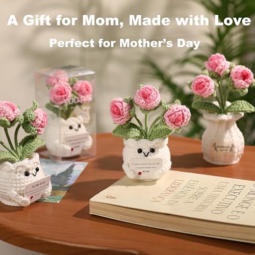 Crochet Rose Gift for Mom – Mothers Day Gifts from Daughter Son, Handmade Pink Rose Flower with Card “I Always Need You, Mom”, Cute Desk Decor, Ready-to-Gift with Clear Box - Image 2