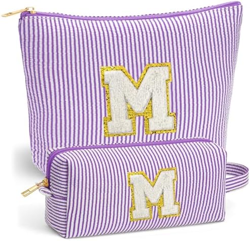 Initial Cosmetic Bag Set - Travel Bag Makeup Pouch, Makeup Bag with Zipper Make up Kit Preppy Stuff Stocking Stuffers Birthday Gifts for Women Travel Essentials Travel Bag, Purple Letter M by Fohufo