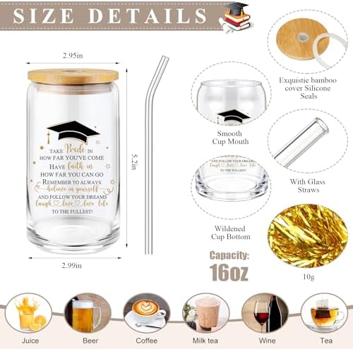 Domensi 6 Pcs Class of 2026 Graduation Gift for Her 16oz Glass Cup Makeup Bag Compass Journal Ballpoint Pens Inspirational Graduation Gift Set for College High School Daughter Sister Friend(Black) - Image 2