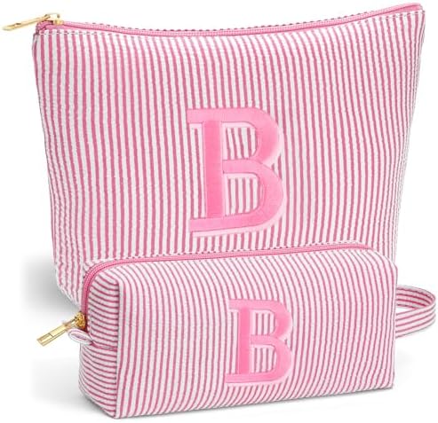 Birthday Gifts for Women - Custom Initial Makeup Bag Set, Portable Makeup Pouch Cosmetic Bag with Zipper, Travel Essentials Toiletry Bag Travel Gifts for Women, Pink B by Fohufo