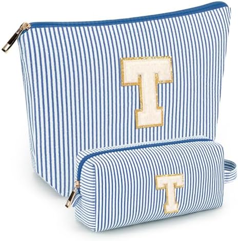 2 PCS Initial Makeup Bags for Women: Cosmetic Bag for Travel Toiletry - Birthday Gifts for 11 12 13 14 15 16 17 18 Years Old Girl Graduation Teacher Gift- Teen Girl Gifts Trendy Stuff - Blue T by mibasies