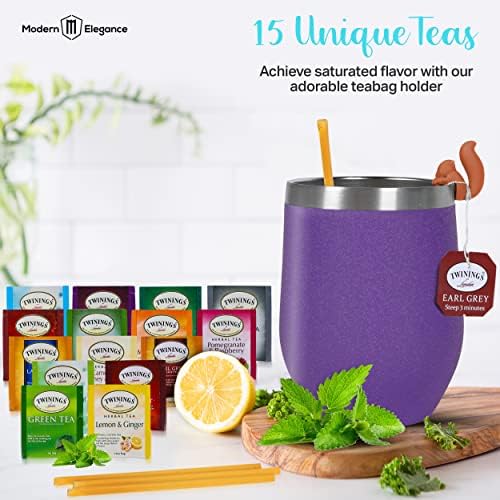 Modern Elegance Tea Gift Set, Includes 15 Teas, Stainless Steel Tumbler, Honey Straws, Tea Spoon Squeezer, Squirrel Tea Bag Holder (Purple) - Image 3