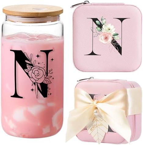 AYGXU Initial Glass Cups,Monogrammed Gifts, Small jewelry travel case,Travel Jewelry Box for Women Teen Girls,Travel Essentials,Cute Tumbler Cup with lid,Travel Jewelry Organizer,Initial pink N by AYGXU