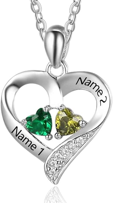 Sterling Silver Personalized 2 Names Necklace with 2 Heart Simulated Birthstone Couple Pendant Necklace for Women