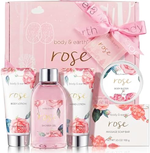 BODY & EARTH Spa Gift Set for Women - Luxurious 5 Pcs Bath and Body Box, Rose Scent, Includes Body Wash, Body Butter, Body Lotion and More, Birthday Christmas Gifts for Mom Self Care Kit for Her by BODYEARTH