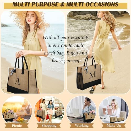 YOOLIFE Personalized Gifts for Women, Initial Jute Tote Bag & 2 Makeup Bags - Image 6