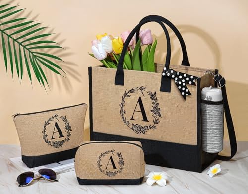 Personalized Birthday Gifts for Women, Monogrammed Initial Jute Tote Bags - Image 2