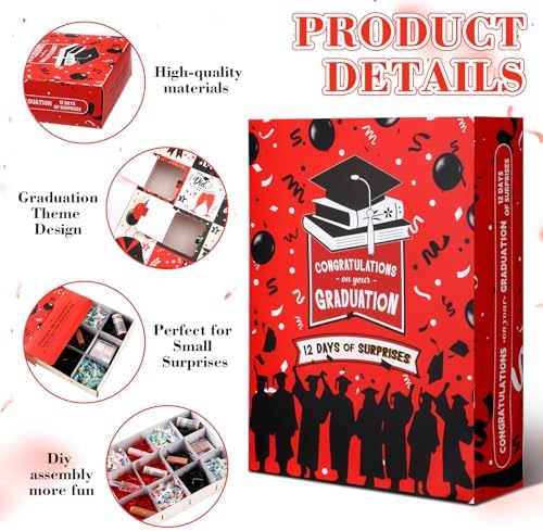 Glenmal Graduation Countdown Calendar Gift Box 12 Days 2026 Graduation Gift Box with Filling Raffia Large Inner Boxes Fill It Yourself Empty Boxes for Graduates Her Him High School College(Red) - Image 3