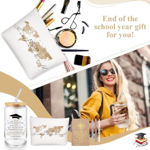 Domensi 6 Pcs Class of 2026 Graduation Gift for Her 16oz Glass Cup Makeup Bag Compass Journal Ballpoint Pens Inspirational Graduation Gift Set for College High School Daughter Sister Friend(Brown) - Image 6
