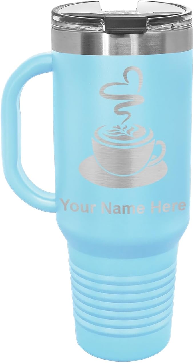 LaserGram 40oz Vacuum Insulated Travel Mug with Handle, Cup of Coffee, Personalized Engraving Included (Light Blue)