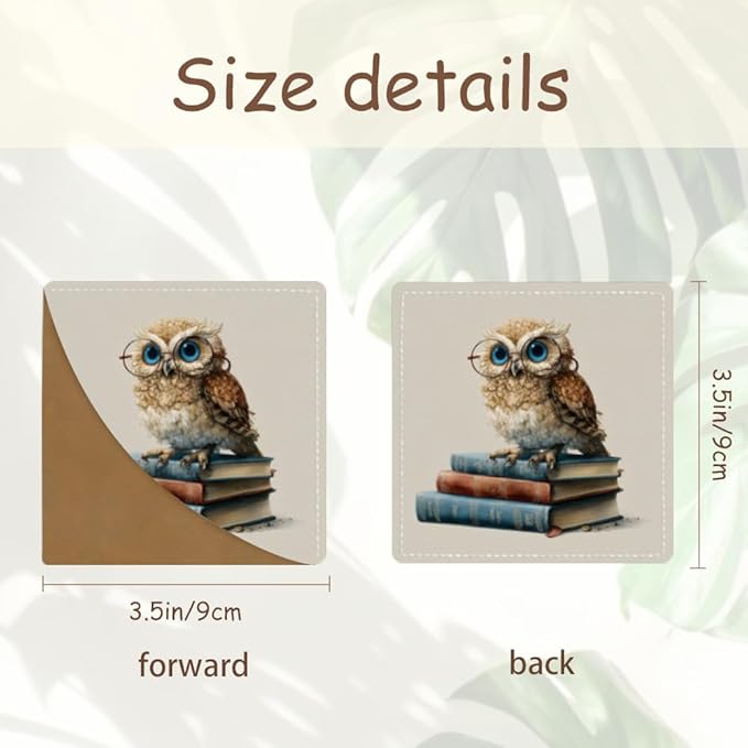 2PCS Leather Bookmarks 3.54 x 3.54 Inch Cute Owl with Glasses on Books Design Reading Accessories for Books Journals Bibles Travel Diary Students Teachers and Book Lovers Gift