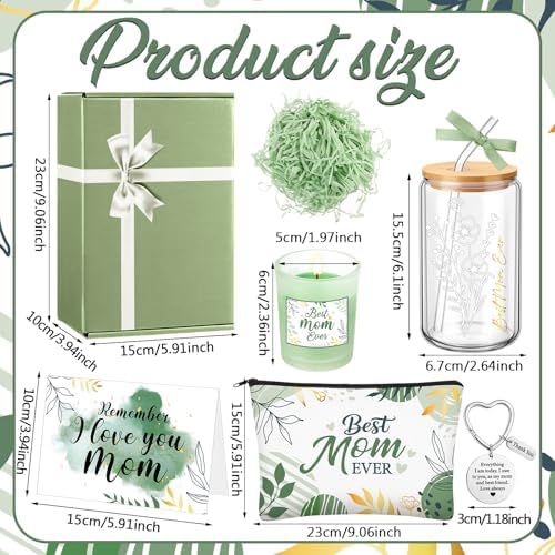Bokon 6 Pcs Birthday Gifts for Mom Best Mom Ever Gifts Box Set with 16oz Glass Cup Scented Candle Makeup Bag from Daughter Son for Wife Mother Day Party(Sage Green) - Image 3