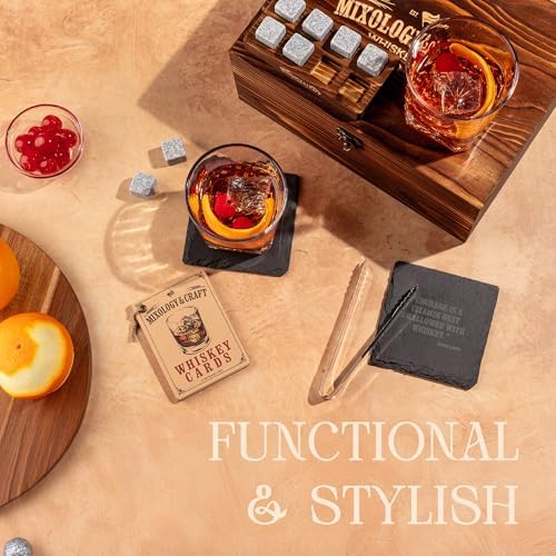 Mixology & Craft Whiskey Stones Gift Set – Includes Two 10oz Crystal Whiskey Glasses, 8 Granite Chilling Rocks, Slate Coasters, Metal Tongs, Cocktail Recipe Cards, Elegant Wooden Storage Box - Image 7
