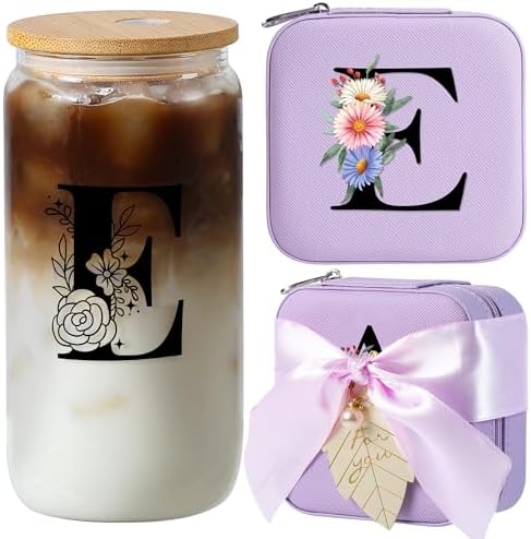 AYGXU Travel Jewelry Cases Organizer,Travel Essentials,Travel Gifts for Women Girls,16oz glass cup with bamboo lid and straw,aesthetic glass cup,Cute Tumbler Cup,Teacher Gifts,Initial E purple by AYGXU