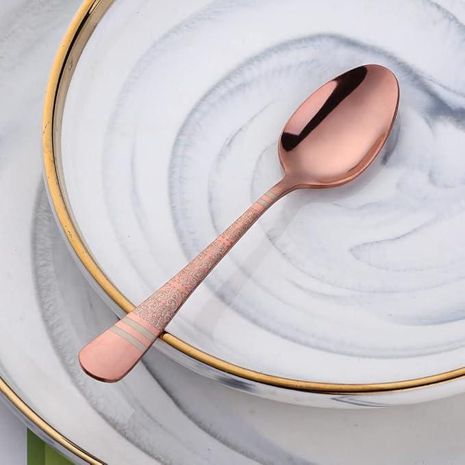 Rose Gold Unique Pattern Design Coffee Espresso Spoons Mini, Mingcheng Stainless Steel Small Teaspoons Silverware Set of 12, BISDARUN 5.5 Inches Food Spoons for Demitasse Dessert Tea