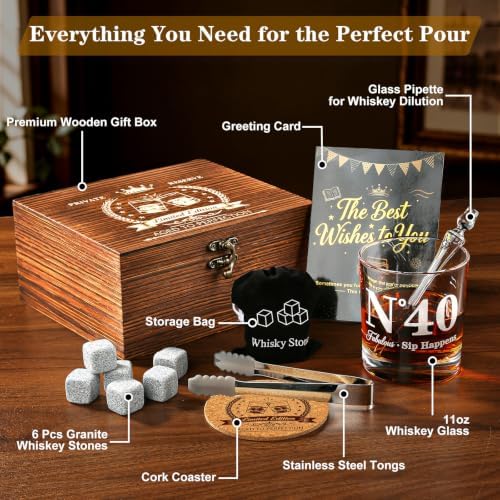 40th Birthday Gifts for Men, Vintage Whiskey Glass Set with Granite Stones - Image 3