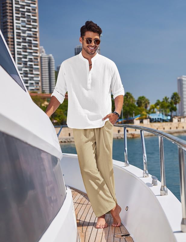COOFANDY Men’s 2 Piece Cotton Linen Set Casual Beach Outfits Long Sleeve - Image 3