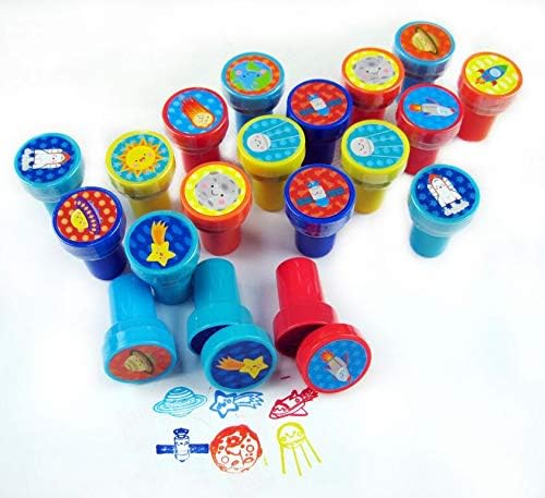 TINYMILLS 24 Pcs Outer Space Stampers for Kids Party Favor Goodie Bag Stuffers Pinata Fillers Classroom Rewards Carnival Prizes Rocket Space Galaxy Party Supplies Sunday School Rewards