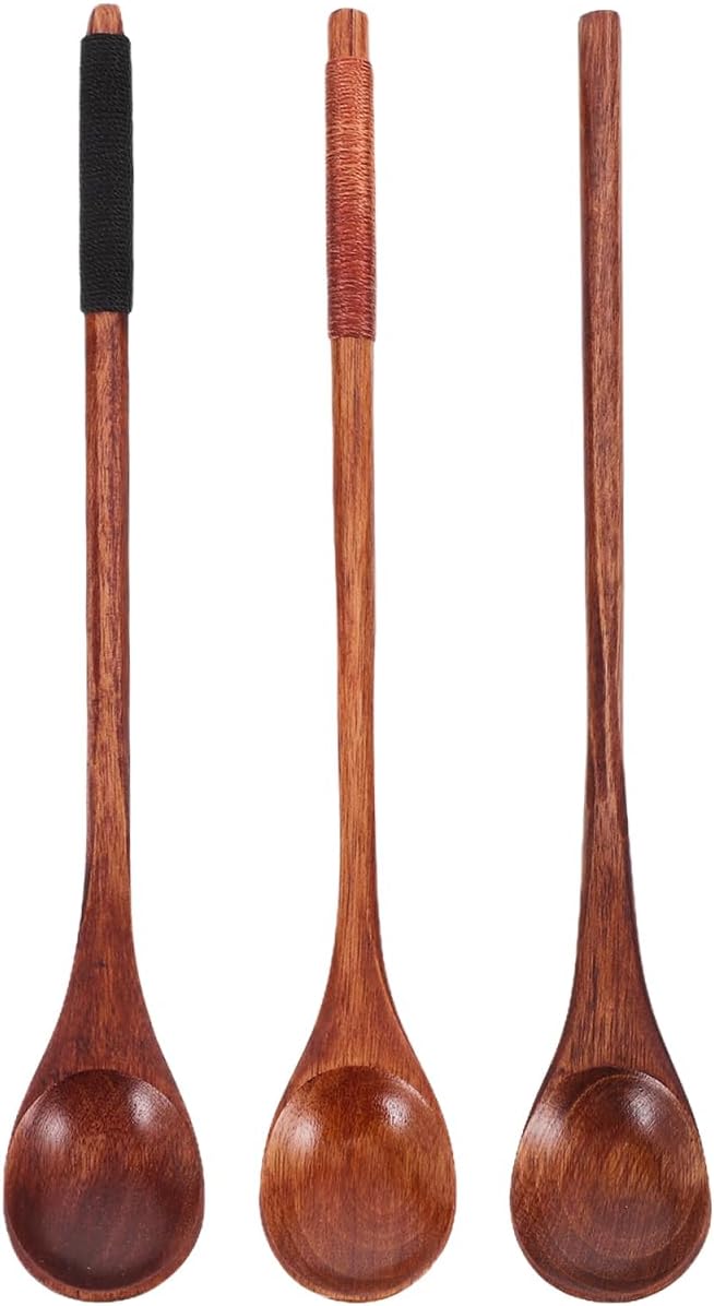 Unomor 3pcs Long Handle Wooden Coffee Spoon Set Handmade Honey Stirring Spoon for Coffee Tea and Desserts for Mixing Cream Sugar and Jams