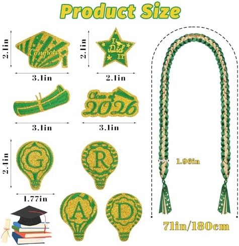 Class of 2026 Graduation Leis,Green&Gold Double Layer Satin Ribbon with 8Pcs Graduation Charms,Grad Party Decorations,Class of 2026 Graduation Leis Gifts for High School Graduates - Image 3