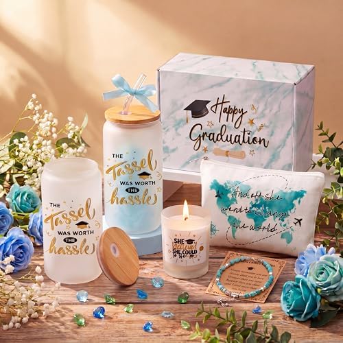 Potchen 7 Pcs Graduation Gifts for Girl Her Class of 2026 College High Graduation Gifts Box Set with 16oz Glass Cup Cosmetic Bag Bracelet Scented Candle with Box for Women Daughter Friend(Green) - Image 2