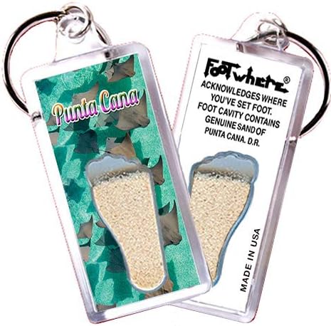 FootWhere Punta Cana Keychains. 6 Piece Set. Authentic Destination Souvenir acknowledging Where You've Set Foot. Genuine Soil of Featured Location encased Inside Foot Cavity. Made in USA