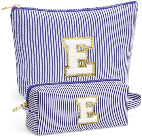 Initial Makeup Bag Set - Cute Blue Stuff for Women, Makeup Pouch Cosmetic Bag Small Makeup Bag for Purse, Travel Essentials Toiletry Bag for Women Birthday Gifts, Blue Letter E by Fohufo