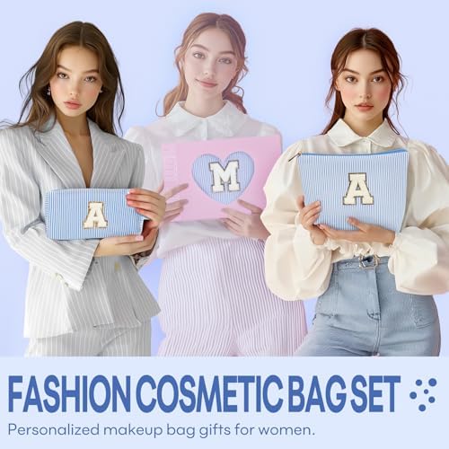 2 PCS Initial Makeup Bags for Women: Cosmetic Bag for Travel Toiletry - Birthday Gifts for 11 12 13 14 15 16 17 18 Years Old Girl Graduation Teacher Gift- Teen Girl Gifts Trendy Stuff - Blue T - Image 2