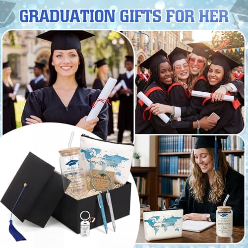 Vesici 8 Pcs Class of 2026 Graduation Gift Box Set for Women Her Grad Cap Box Glass Cup Makeup Bag Bracelet Pen Keychain College High School Graduation Gift for Daughter Sister Friend(Blue) - Image 4