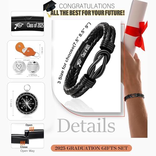 Graduation Gifts for Him, 2025 High School Graduation Gifts Class of 2025 Teen Gift Trendy Stuff Leather Bracelet for Men with Pocket Hug Token Compass College Middle 5th 8th Grade Masters Degree Graduate Knot Jewelry for Son Grandson Boyfriend - Image 5