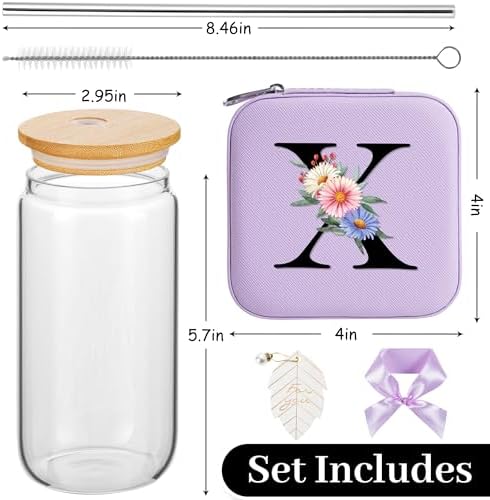 AYGXU Personalized gifts for bridesmaid,16oz glass cups with lid and straw,Jewelry Organizer,Graduation Travel Gifts for Women,Personalized Travel Mini Jewelry Case,Initial X purple - Image 2