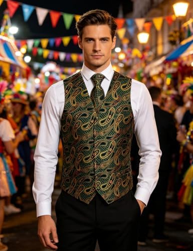DiBanGu Mens Vest and Tie Set Formal Paisley Waistcoat and Necktie Pocket Square Cufflinks Silk Suit Vest for Tuxedo Wedding - Image 2