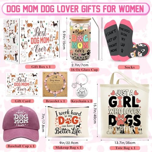 9 Pieces Dog Mom Gifts for Women, Best Dog Lovers Gifts for Women with 16oz Glass Cup, Baseball Cap, Tote Bag, Makeup Bag, Socks, Bracelet, Keychain for Dog Lover Birthday Christmas Mothers Day Gift - Image 2