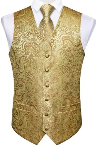 DiBanGu Mens Vest and Tie Set Formal Paisley Waistcoat and Necktie Pocket Square Cufflinks Silk Suit Vest for Tuxedo Wedding - Image 4