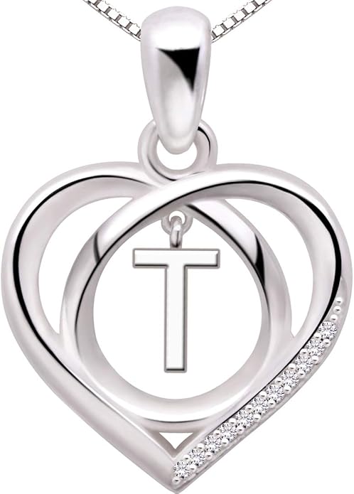 ALOV Jewelry Sterling Silver Initial Letter Alphabet Love Heart Cubic Zirconia Pendant Necklace
