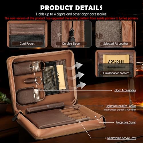 KEJIAR Cigar Humidor Case, Portable Cigar Box with Straight Cutter, V Cutter, Hole Puncher, Humidifier Packs, Travel Humidor and Cigar Accessories Gift Set Leather Cigar Case (Brown) - Image 3