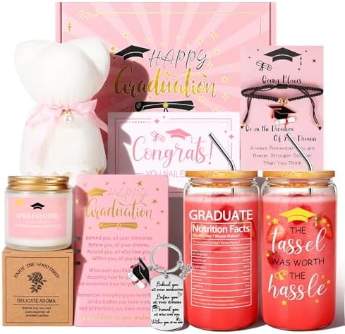 Graduation Gifts for Women Her 2026, Graduation Gift Box Set, College High School Graduation Present College Master Doctor Include 16OZ Glass Cup & Notebook & Bracelet (Pink) by Unknown